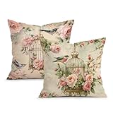 OBSEDE Vintage Throw Pillow Covers Set of 2, 18x18 Inch Pink Rose and Bird Print, French Country Shabby Chic Decorative Pillow Cases for Couch Sofa Bedroom, Spring Farmhouse Decor