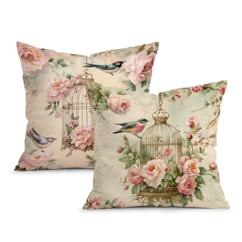 OBSEDE Vintage Throw Pillow Covers Set of 2, 18x18 Inch Pink Rose and Bird Print, French Country Shabby Chic Decorative Pillow Cases for Couch Sofa Bedroom, Spring Farmhouse Decor