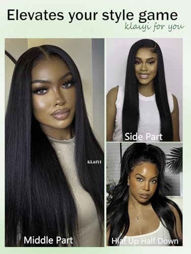 Image of KLAIYI Bye Bye Slip Yaki Straight 7X5 Pre Cut Lace Front Human Hair Wig Drawstring Glueless 30S Ready to Wear and Go Wig with Baby Hair Pre Plucked Bleached Knots Beginner Wigs for Black Women 22Inch