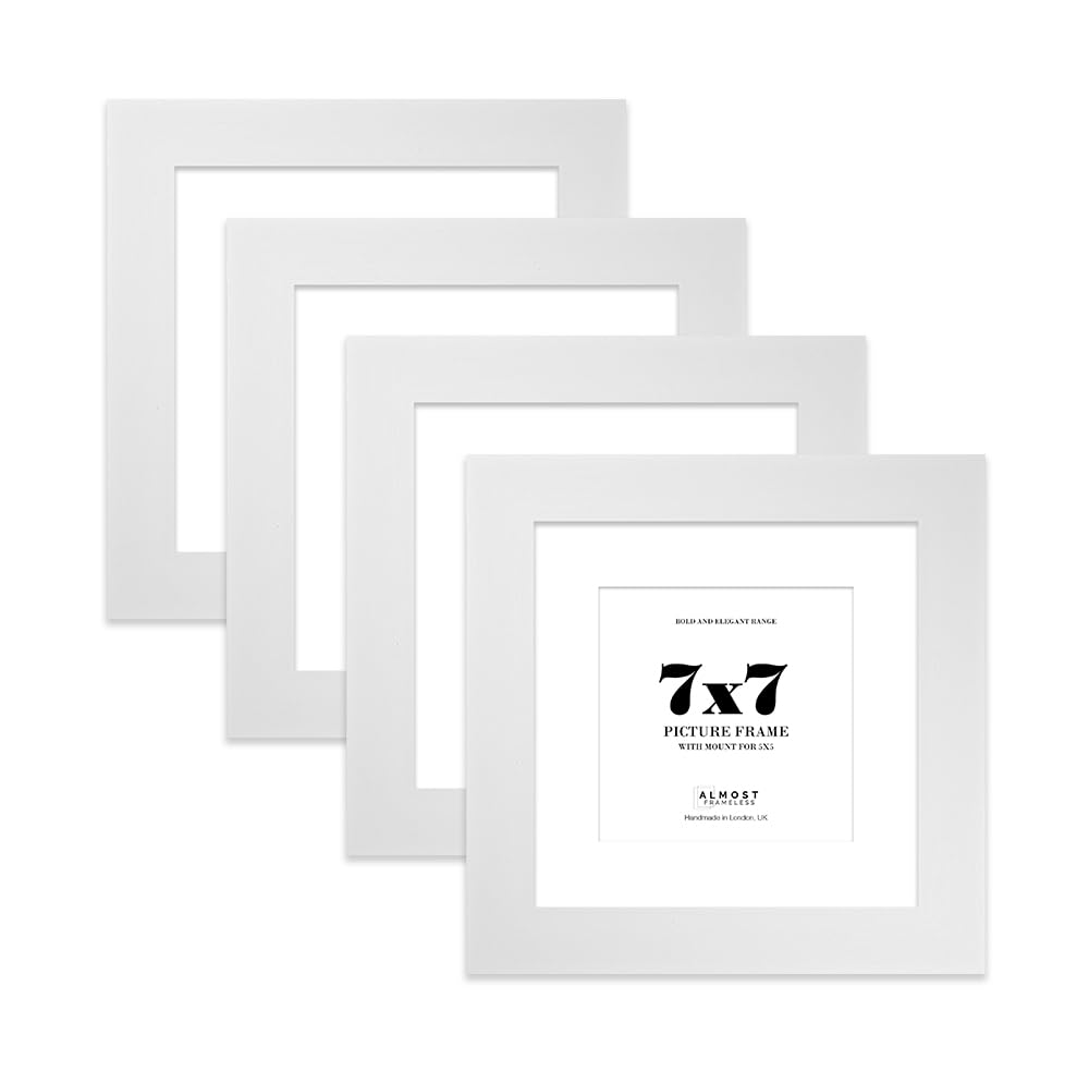 7x7" White Square Frame With Mount for 5x5" Pictures 28mm Edge Frame Display with Wall Hooks and Kickstand, 4 Pack