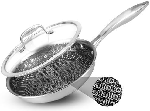 NutriChef 8" Stainless Steel Frying Pan with Lid -Triply Kitchenware Stir Fry Pan Kitchen Cookware w/DAKIN Etching Nonstick Coating, Scratch-resistant Raised-up Honeycomb Fire Textured Pattern -NC3PL8