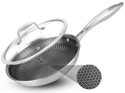 Image of NutriChef 8" Stainless Steel Frying Pan with Lid -Triply Kitchenware Stir Fry Pan Kitchen Cookware w/DAKIN Etching Nonstick Coating, Scratch-resistant Raised-up Honeycomb Fire Textured Pattern -NC3PL8