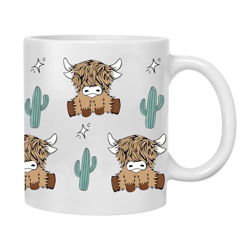 Highland Cow Mug 11oz, Cute Animal Patterns Ceramic Cup, Double Sided Printed Coffee Cup, Funny Mugs for Weekend Brunches, Office Desks, Countryside Retreats, Perfect Highland Cow Gifts