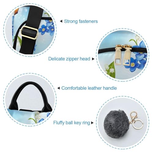 Mochila antirrobo mujer flores azules y blancas con pompón para viaje y uso diario cómodo 6