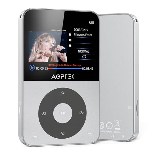 AGPTEK 64GB MP3 Reproductor Bluetooth 5.3, 2.3' TFT Horizontal Pantalla a Color, MP3 Player HiFi Música Portátil con Auriculares, Radio FM, Grabación, E-Book, Podómetro, Soporta hasta 128GB, Plata