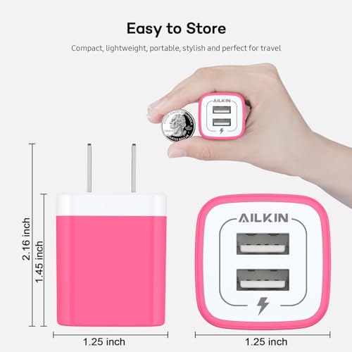 Image of AILKIN 2 Pack Dual USB Wall Chargers, 2.1A, Fast Charging, White, Compatible with iPhone, Samsung, LG, Moto, Kindle