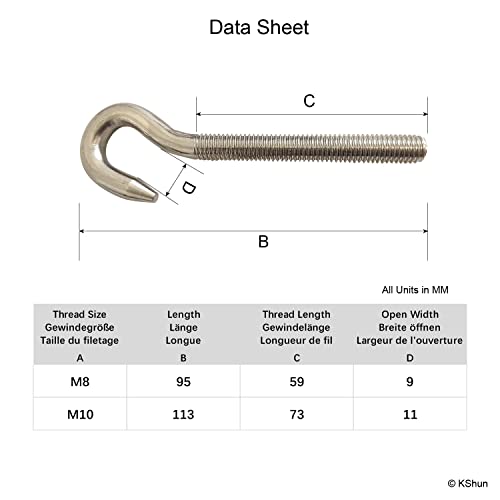 KShun 4 Sätze M8 Edelstahl Hakenschraube Rechtsgewinde Muttern enthalten 95mm Länge Hakenbolzen Robust Rostbeständig für Garten Zaun Projekte