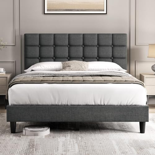 Yaheetech Upholstered Bed Frame, Modern Queen Bed Platform with Square Stitched&Button Tufting Headboard Height Adjustable, Wooden Slats Support, No Box Spring Needed, Queen Size, Dark Grey