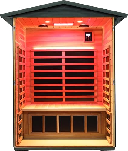 Image of LTCCDSS Full Spectrum Outdoor Sauna 2 Person, Ultra-Low EMF Carbonized Composite Wood Far Infrared Sauna for Home, EMF 0.1-1mG, Bluetooth & Chromotherapy