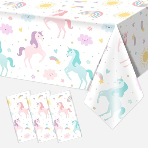 Utolily 3PCS Unicorn Birthday Tablecloths Unicorn and Rainbow Party Decorations for Girls Pastle Unicorn Happy Birthday Disposable Plastic Tablecloths Party Supplies 54x108IN