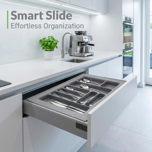 Image of SmartSlide 800MM PVC Cutlery Tray for Kitchen Drawer Modular Kitchen Tandem Drawer Organizer Adjustable Width & Depth Grey Non-Slip Surface (800 x 535 MM)