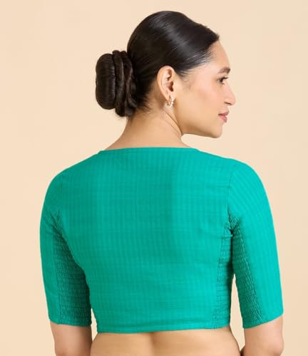 Image of Studio Shringaar Women Cotton Half Sleeve Madras Checks Saree Blouse with Stretchable Sides