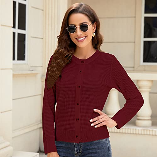 Image of Women's Crew Neck Button Down Long Sleeve Solid Knit Classic Cardigan Sweater Wine Red