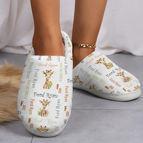 Personalized Name Slippers for Women/Men/Boys/Girls Custom Giraffe Cotton Slippers Memory Foam Non-Slip Fluffy Winter House Shoes Indoor and Outdoor Unisex Home Slippers4