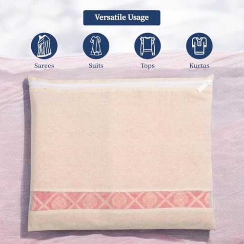Image of VEDANTIKA Cotton Saree Covers for Storage Pack of 12 Big Size 16x14 Inch Saree Bags with Zip Transparent Mesh Window Saree Organizer for Wardrobe Clothes Storage Bags - Beige