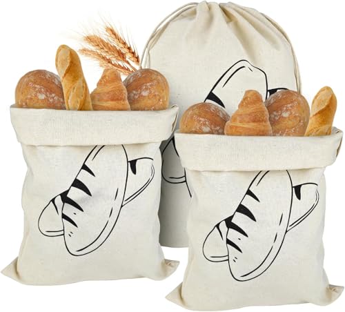3 sacchetti per pane in lino non sbiancato, 40 x 30 cm, riutilizzabili in lino con coulisse, per pane, frutta e verdura