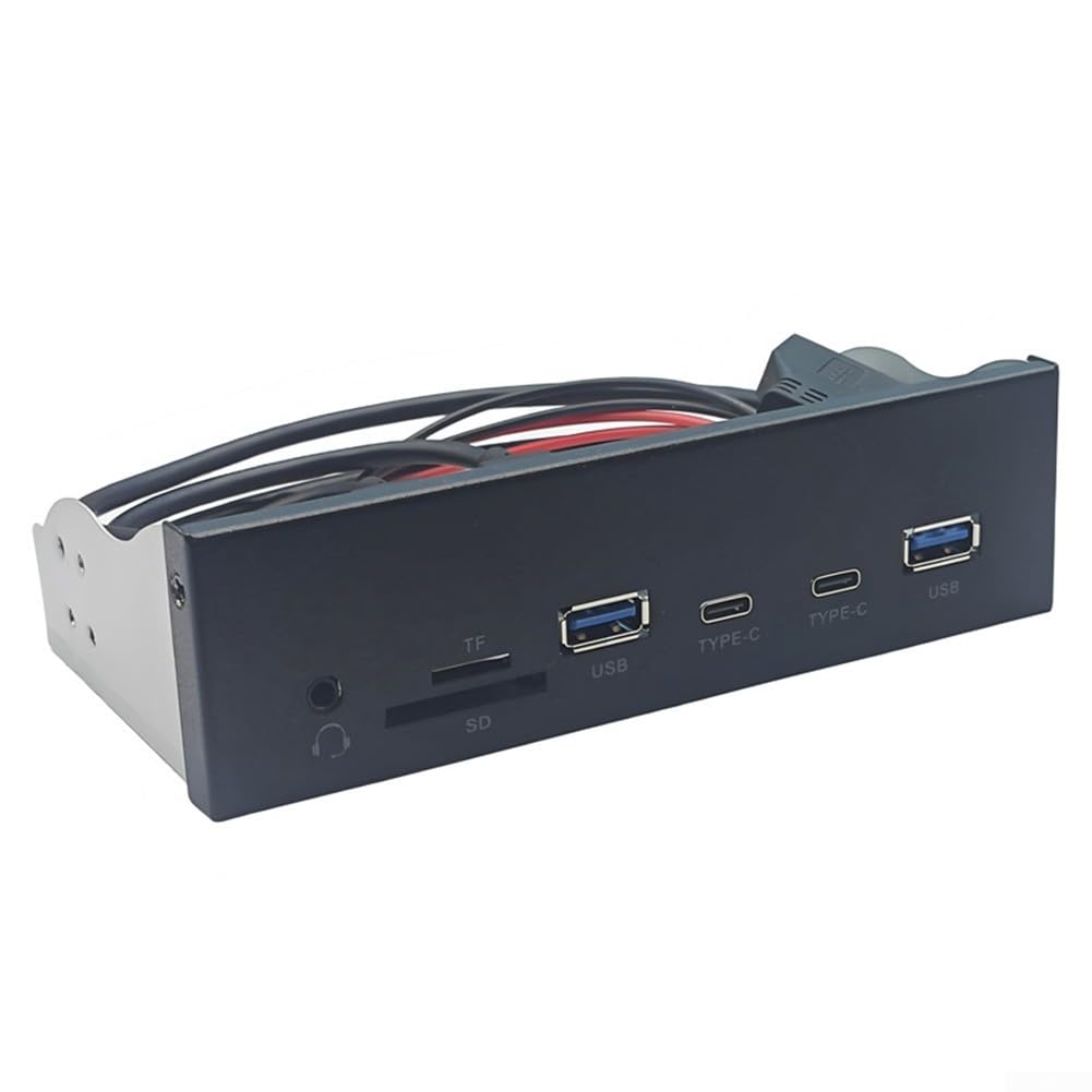 Zoegneer Frontpanel Erweiterung USB 3.2 Gen1 Frontpanel 5,25 Zoll Bay Konverter mit 5Gbps USB-A Type-C Audio Ports SD/TF Kartenleser für PC Gehäuse Schwarz ABS
