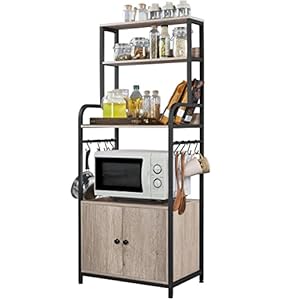 Yaheetech 4-Tier Kitchen Bakers Rack with Storage Cabinet and Hutch, Microwave Oven Stand Coffee Bar Pantry Cabinet with 8 S Hooks, Freestanding Kitchen Shelves Spice Rack, Gray