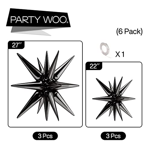 Image of PartyWoo Black Large Star Spike Foil Helium Mylar Balloons 6pcs