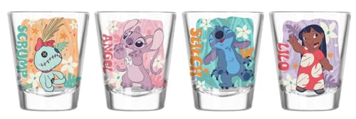 Image of Silver Buffalo Disney Lilo and Stitch Tropical 4 Piece Mini Glass Set Featuring Lilo, Stitch, Angel, and Scrump, 1.5 Ounces