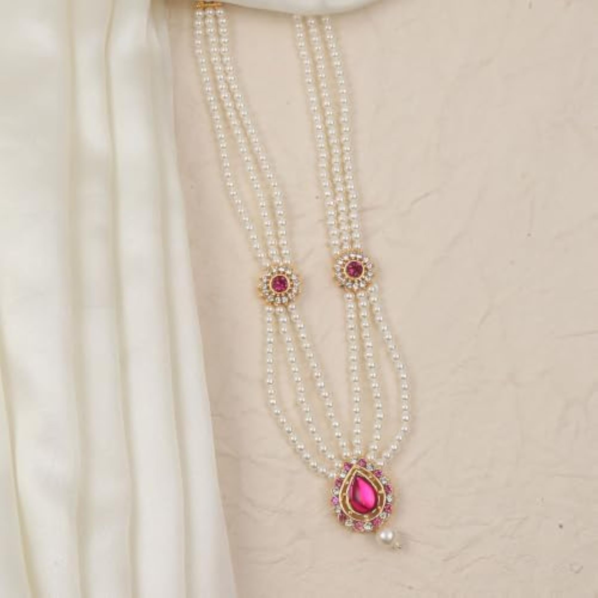 Three Layer Pearl Mala Necklace with Pink Stone Pendant