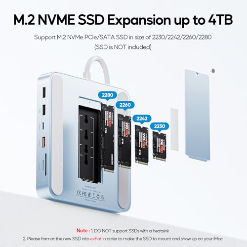 Image of 11 in 1 USB C Hub for iMac 24 inch 2021 2023 2024 USB Hub Docking Station Support M.2 SSD (NOT Included), iMac M1 M3 M4 Accessories, 4K HDMI, 2.5G Ethernet, 5 USB A /C 3.2 10Gbps, SD /TF - Blue