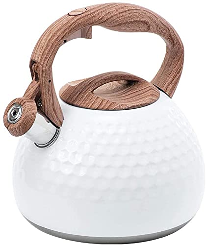 Tetera para estufa de 2,8 l, color blanco, de acero inoxidable, con forma de silbato, ergonómica, resistente al calor, con mango de madera, apta para estufa