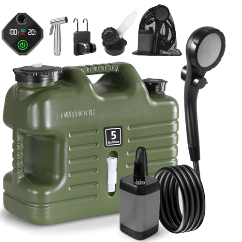 Portable Camping Shower with 5 Gallon Water Jug 6000mAh Rechargeable Outdoor Camping Shower Kit IPX7 Waterproof Pump BPA Free Water Containers Camp Essentials Green