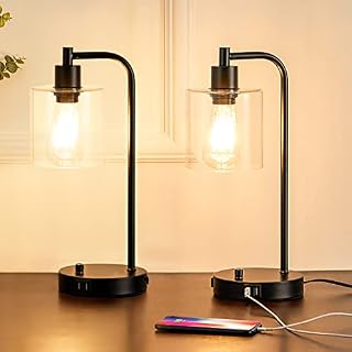 Table Lamp Set of 2 Dimmable Small Black Industrial LED Table Lamps Nightstand Beside Reading Desk Lamp with USB Charging Glass Shade for Bedroom Living Room Home Office
