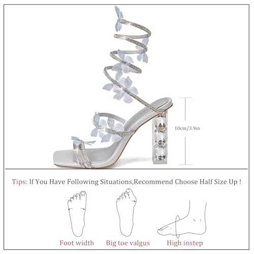 VOZTOLLS Women's Rhinestone Crystal Butterfly High Heels Stylish Open Square Toe Spiral Ankle Strap Dress Chunky Heeled Sandals For Wedding Party Banquet Silver Size 7.5 by VOZTOLLS - Used condition - Image 5