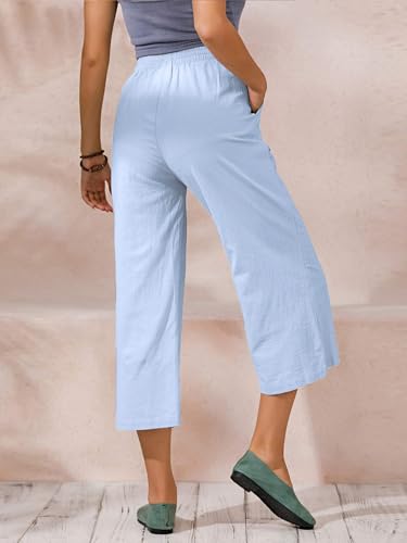 Image of ECUPPER Womens Cotton Cropped Pants Loose Fit Wide Leg Trousers | Casual, Plus Size, Elastic Waist, Capri, 100% Cotton, Slant Pockets, High Rise Waist, Lounge Pants
