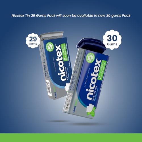Image of Cipla Nicotex Nicotine Sugar Free Mint Plus Gums 2mg | Helps to Quit Smoking | WHO - approved Therapy | 29 Gums each Tin | Pack of 2