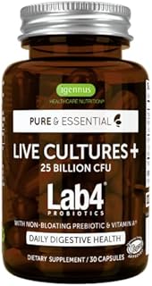 Live Cultures+ Lab4 Probiotics, Vegan Lactobacillus Acidophilus & Bifidobacterium, Guaranteed 25 Billion CFU, Plus Non-Bloating Prebiotic for Men & Women, 30 Capsules, by Igennus