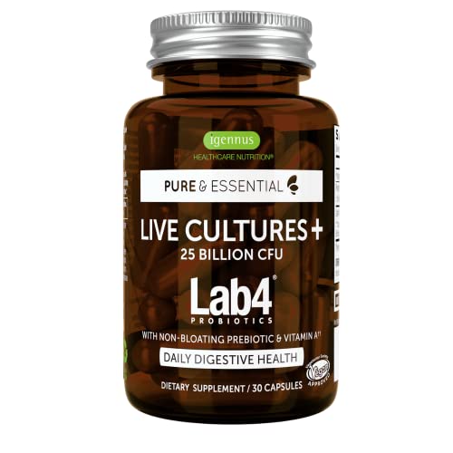 Live Cultures+ Lab4 Probiotics, Vegan Lactobacillus Acidophilus & Bifidobacterium, Guaranteed 25 Billion CFU, Plus Non-Bloating Prebiotic for Men & Women, 30 Capsules, by Igennus 