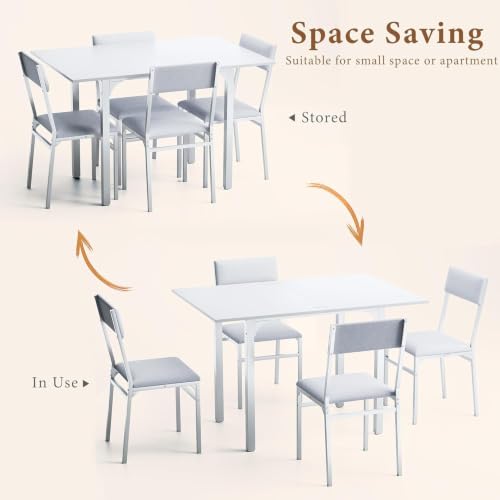 Image of HUAHUU 5-Piece Dining Table Set for 4, Extendable Kitchen Table Set with 4 Upholstered Cushion Chairs, Rectangle Table with Metal Frame & MDF Board, Folding Space-Saving for Small Apartment, White