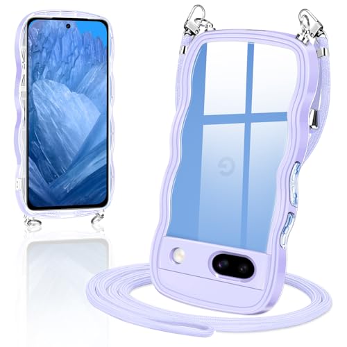 Google pixel 8a 用の ケース ショルダー クリア TPU ピクセル 8a スマホケース カバー 創意 個性 肩掛け 首掛け 斜めかけケース 可愛い かわいい 韓国 透明 耐衝撃(パープル)