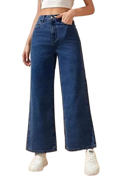 linaria Women's Wide Leg Jeans, Mid Waist, Dark Blue Denim, Loose Fit-picture-12