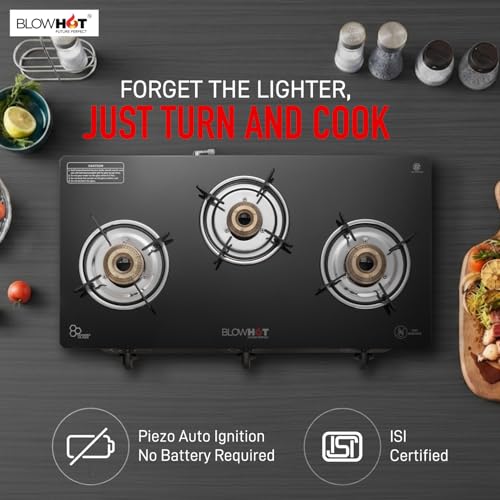 Image of BLOWHOT 3 Burner Manual Ignition Gas Stove | Tri -Pin Indian Brass Burners | Stainless Steel Dip Tray - 2 Year Warranty on Gas Stove - Majesty