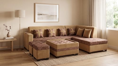 Image of RECTART Luxe 8 Seater L-Shape Sofa Set for Living Room | Sectional Sofa with Centre Table & 2 Ottoman Stools, 6 Pillows | Modern Wooden Home Furniture |