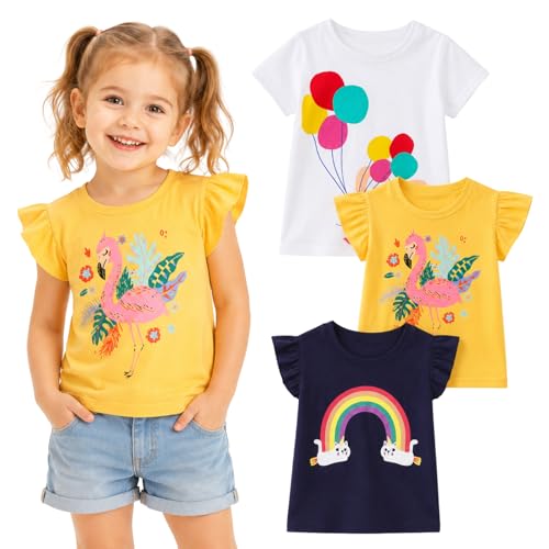 Image of Girls Graphic T Shirts 3 Pack 100% Cotton Short Sleeve Tees for Toddler Little Big Girls Cute Printed Casual Summer Tops