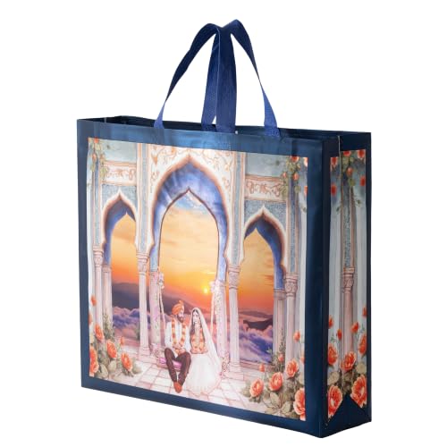 Image of Lavya Large Size Return Gift Bags | Reusable Non-Woven Metallic Laminated Matt Finish Carry Bags for Weddings, Traditional Gifting, Sarees, Sweets & Dry Fruit Boxes (Royal Sunset Wedding, L-16x14x4, Pack of 20)