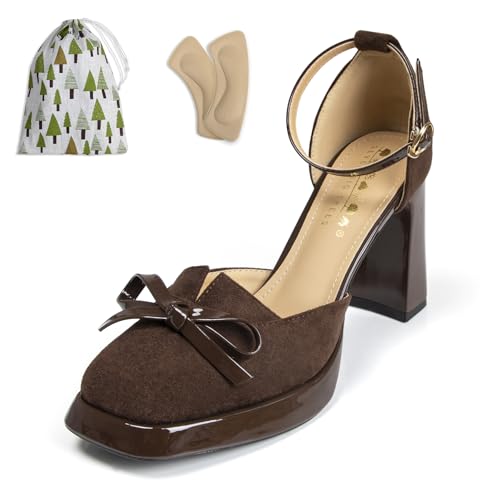 Chunky Platform Heels with Bow for Women Square Closed Toe Ladies Black Dress Suede Pumps Shoes for Wedding Party Bridal Ankle Strap High Heels