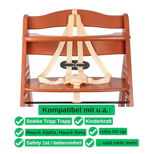 Hochstuhl 5-Punkt Gurtsystem, 1 Set, kompatibel mit Hauck, Stokke Tripp Trapp, Roba, uvm., in Beige, Gurt mit Brustclip, verstellbarer Kinderhochstuhl Sicherheitsgurt, Hochstuhlgurt 5 Punkte System