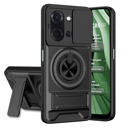 Image of Poco C85 5G Back Cover | Armor Camera Slider 360 Degree Rotating Finger Ring Holder Case with Bracket Stand Back Case Cover (Compatible with MagSafe Accessories) (Black)