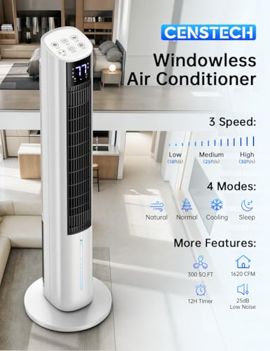 Image of 45 inch Windowless Air Conditioner, Portable Swamp Cooler Air Conditioner w /3 Speeds Max 30 ft /s, 4Modes, 4L Tank & 12H Timer, 120Oscillation, 17 Ft Remote Evaporative Air Cooler for Room Indoor