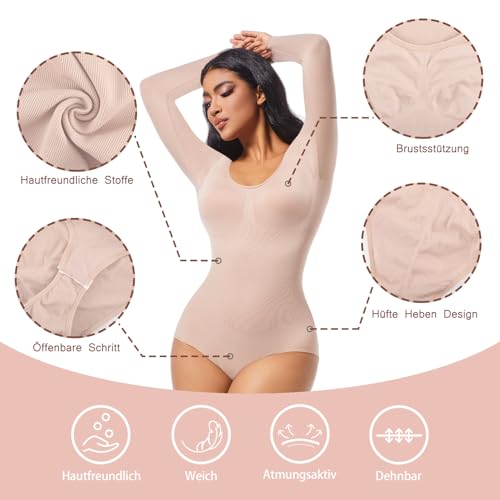 ONEW Damen Body Bauchweg Shapewear Bodysuit U-Ausschnitt Langarmbody Rundhals Unterhemd Butt Lifting Miederbody Body Shaper Beige S