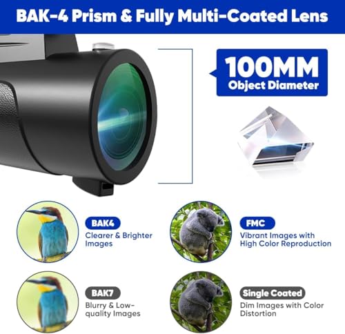 Monocular Telescope with Lights HD Monoculars 80x100 for Adults High Powered Monocular for Hunting with Smartphone Holder & Tripod, Handheld Telescope Suitable for Bird Watching Stargazing-Black