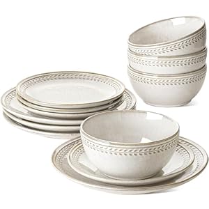 LE TAUCI Dinnerware Sets for 4, 12 Piece Ceramic Dish Set with Plates and Bowls | Oven/Dishwasher/Microwave Safe | Ideal for Housewarming | Reactive Beige (10″ Plate+8″ Dish+27oz Bowl)