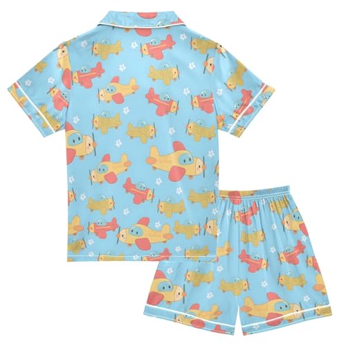 Aircraft Cartoon Pattern Summer Pajamas Set Soft Satin Pjs Sets 2 Piece Short Sleeve Sleepwear Casual Clothes2