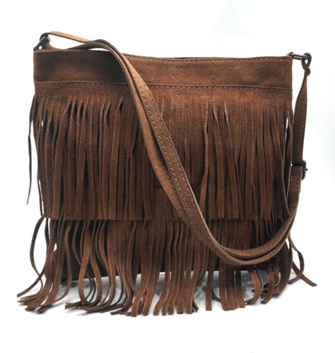 Faylinn Bolso Bandolera en Piel con Flecos - Bolso Mujer Piel Estilo Hippie